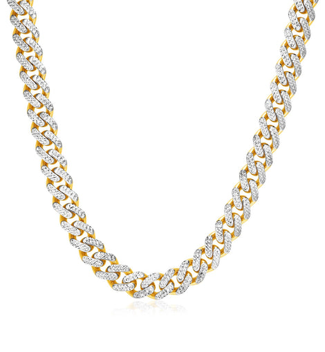14k Two Tone Gold Miami Cuban Chain Necklace with White Pave (9.5mm)