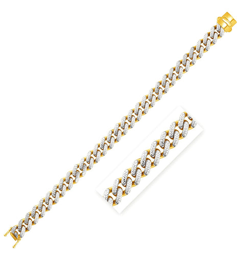 14k Two Tone Gold 8 1/4 inch Curb Chain Bracelet with White Pave (9.50 mm)