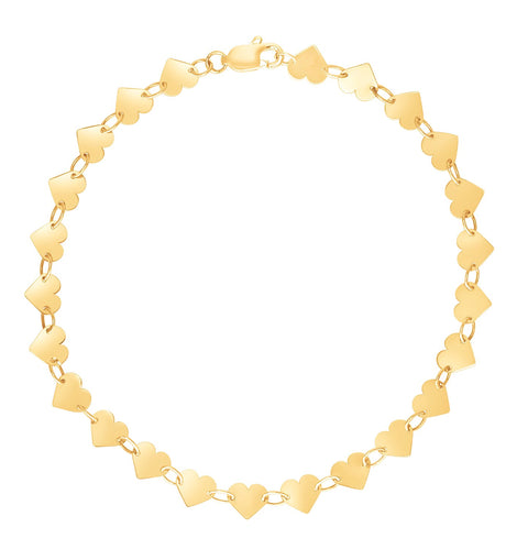 14k Yellow Gold 7 inch Mirrored Heart Chain Bracelet