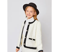 Girls Buttoned Front Contrast Trim Tweed Jacket & Skirt Set 