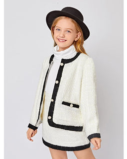 Girls Buttoned Front Contrast Trim Tweed Jacket & Skirt Set 